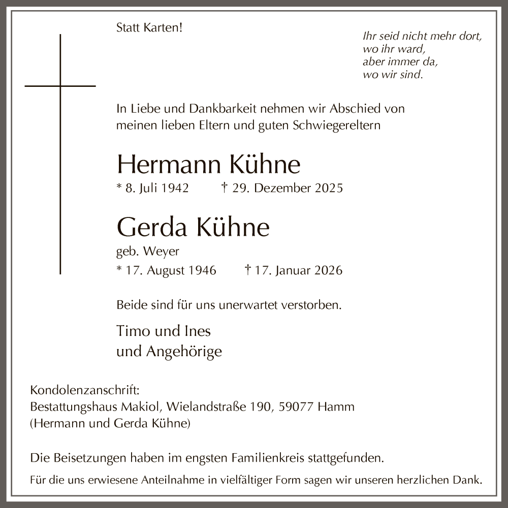  Traueranzeige für Hermann und Gerda Kühne vom 28.01.2026 aus HAWA