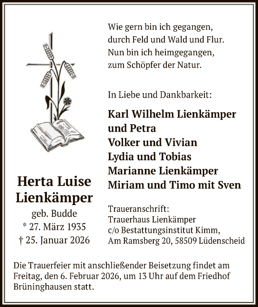  Traueranzeige für Herta Luise Lienkämper vom 31.01.2026 aus HALN
