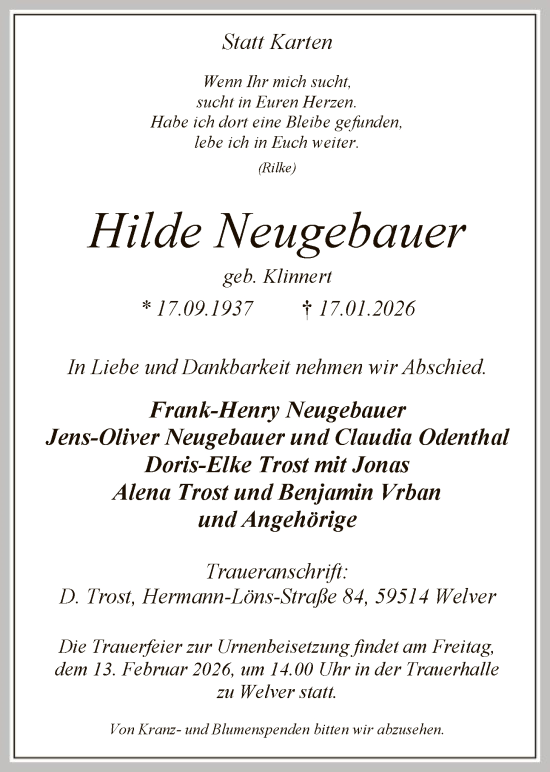 Traueranzeige von Hilde Neugebauer von HASO