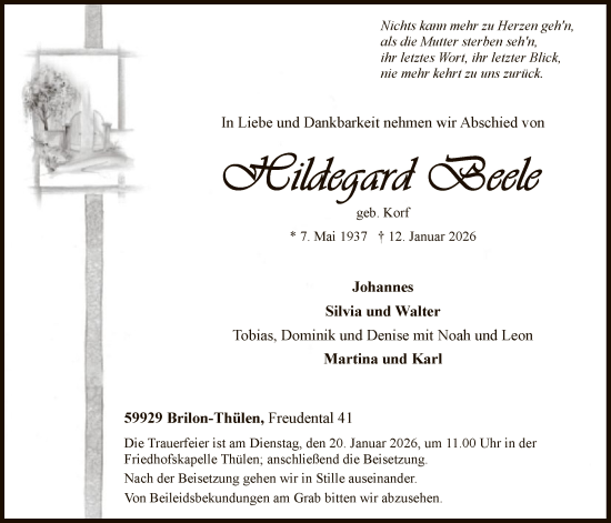 Traueranzeige von Hildegard Beele von HASK