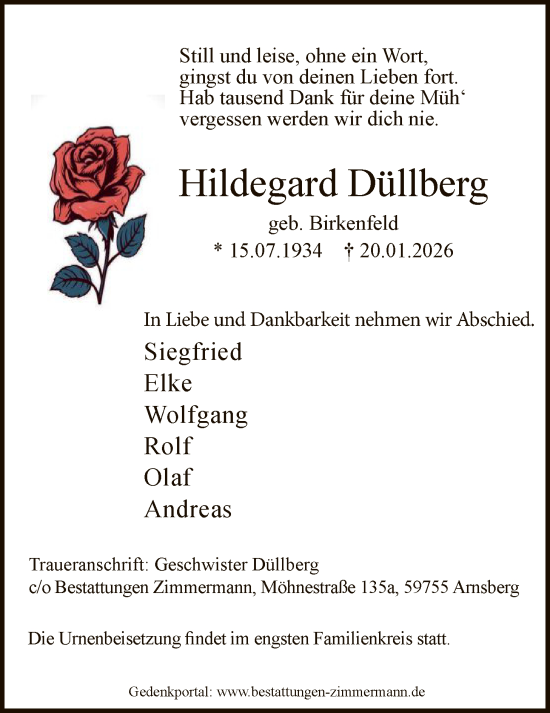 Traueranzeige von Hildegard Düllberg von HASK