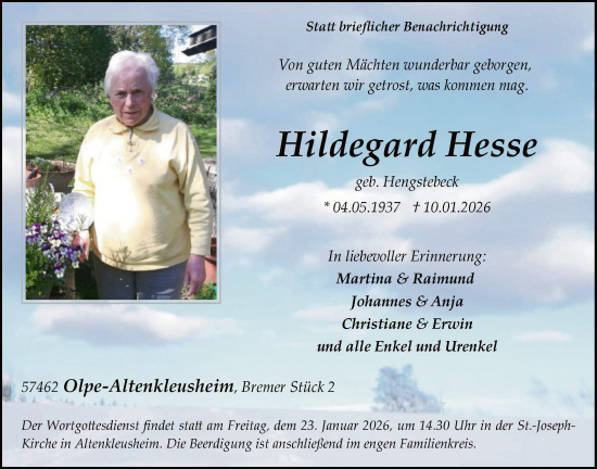 Traueranzeige von Hildegard Hesse von HASK
