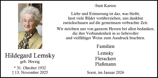 Traueranzeige von Hildegard Lemsky von HASO