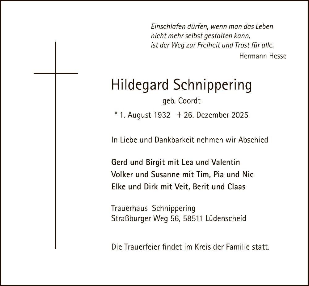  Traueranzeige für Hildegard Schnippering vom 03.01.2026 aus HALN