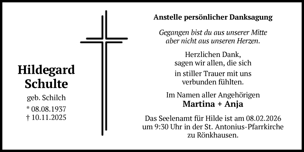  Traueranzeige für Hildegard Schulte vom 31.01.2026 aus HASK