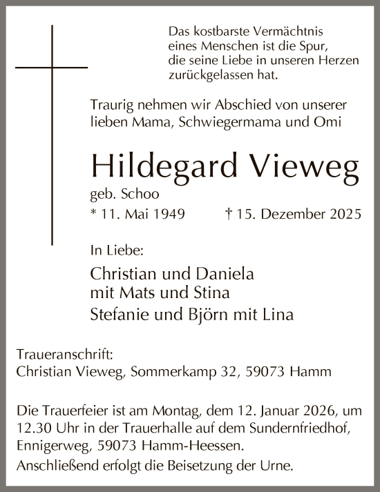 Traueranzeige von Hildegard Vieweg von HAWA