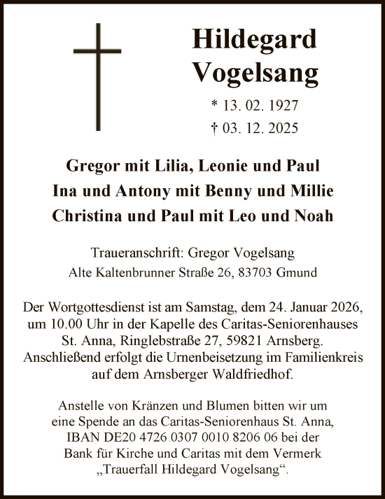 Traueranzeige von Hildegard Vogelsang von HASK