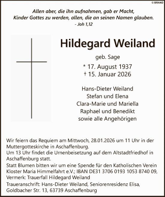 Traueranzeige von Hildegard Weiland von HALN