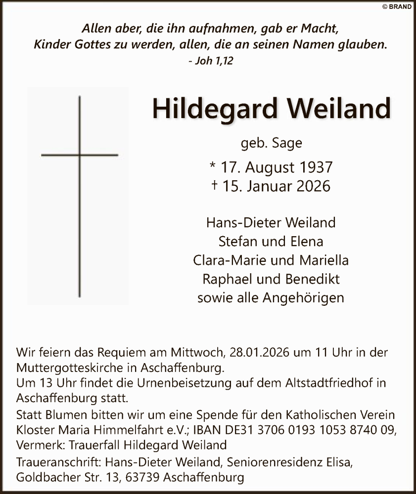  Traueranzeige für Hildegard Weiland vom 24.01.2026 aus HALN