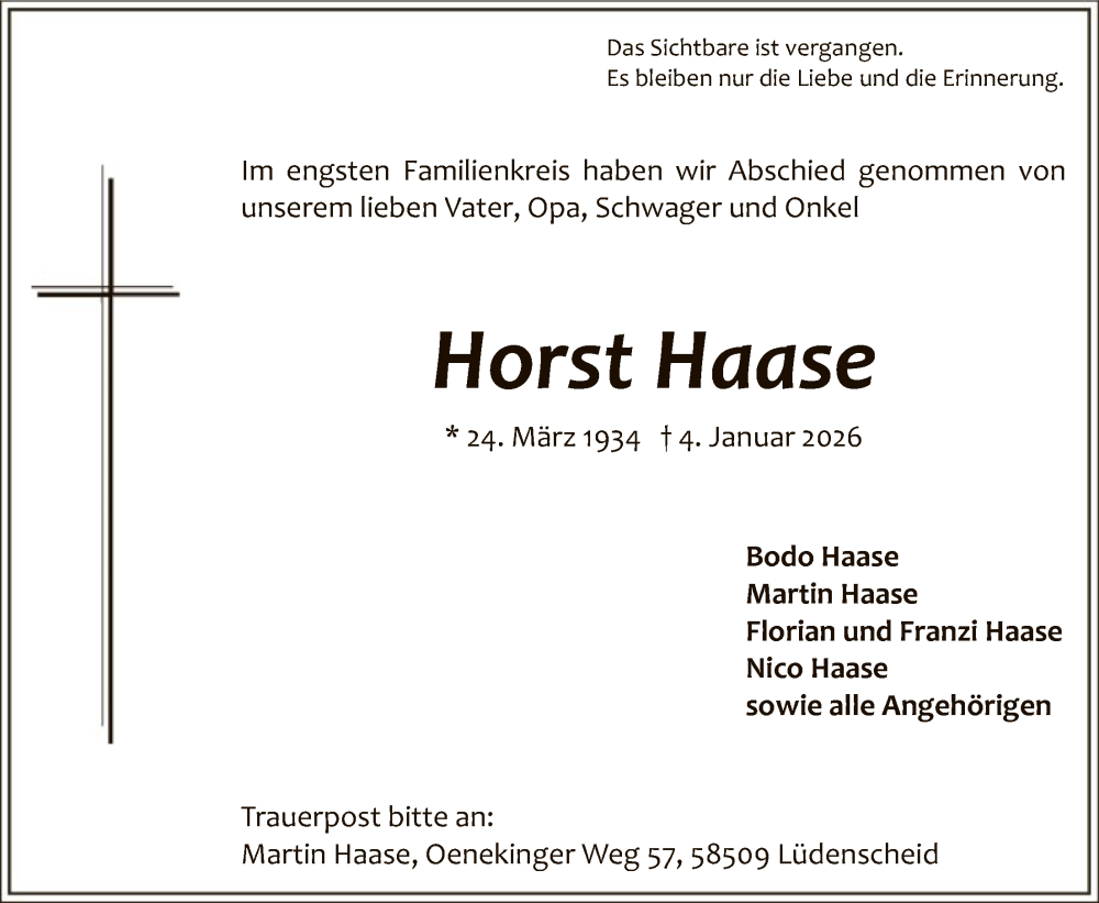  Traueranzeige für Horst Haase vom 28.01.2026 aus HALN