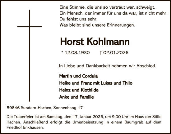 Traueranzeige von Horst Kohlmann von HASK