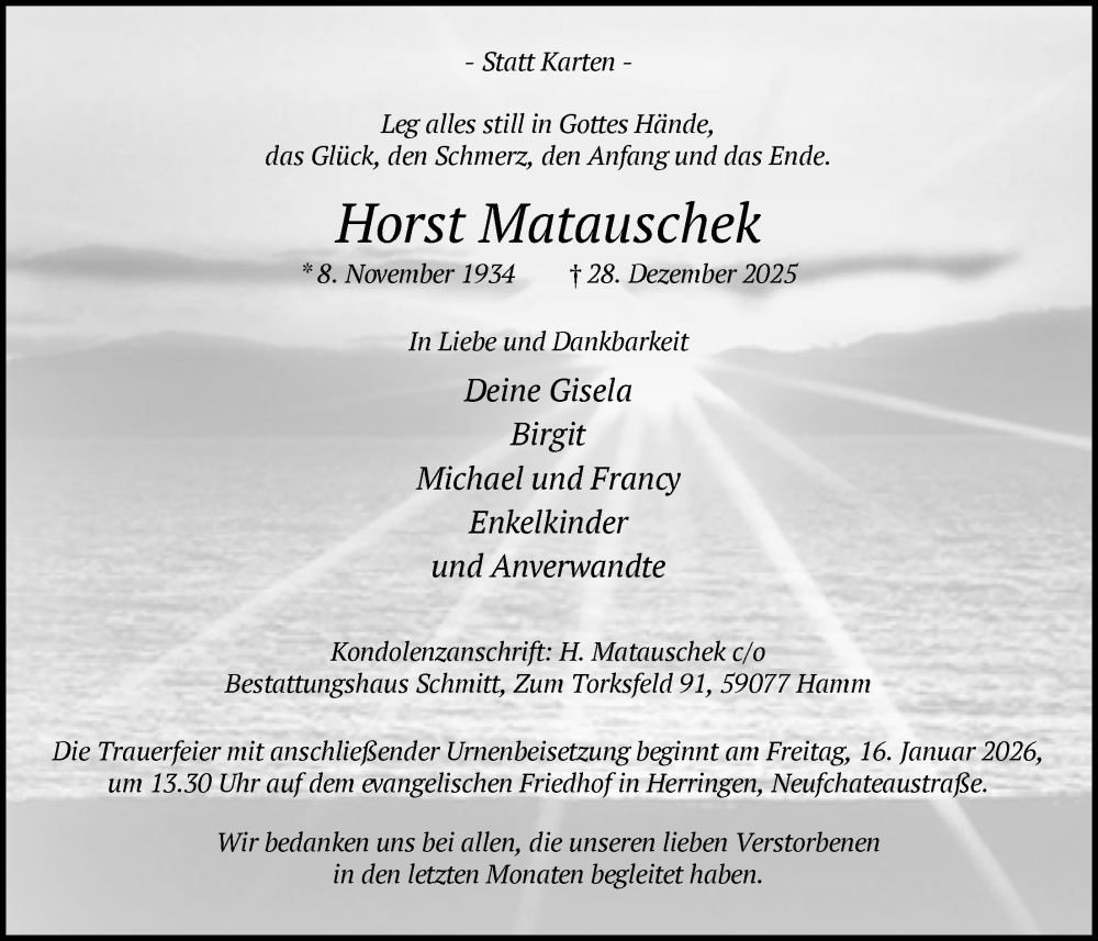  Traueranzeige für Horst Matauschek vom 10.01.2026 aus HAWA