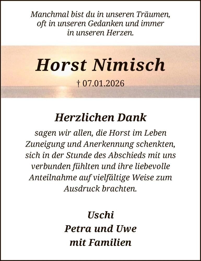  Traueranzeige für Horst Nimisch vom 24.01.2026 aus HALN