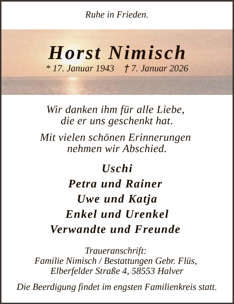  Traueranzeige für Horst Nimisch vom 10.01.2026 aus HALN