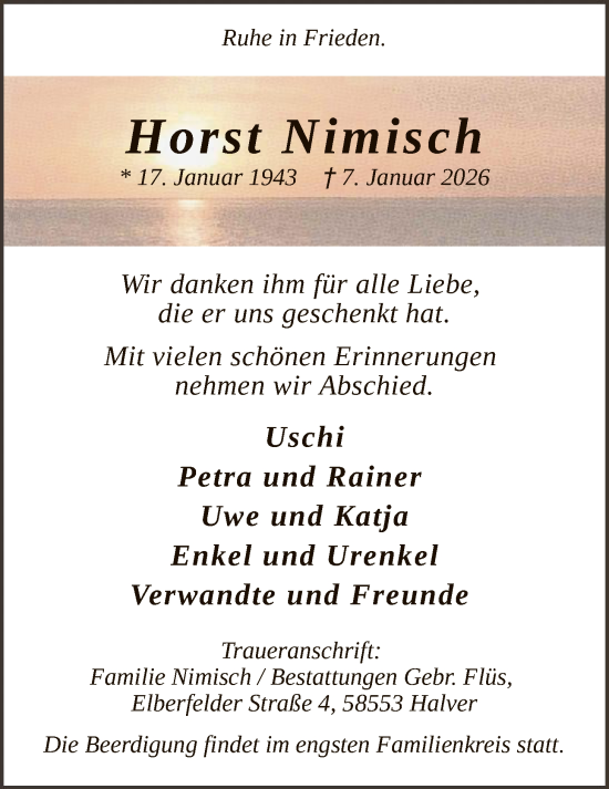 Traueranzeige von Horst Nimisch von HALN