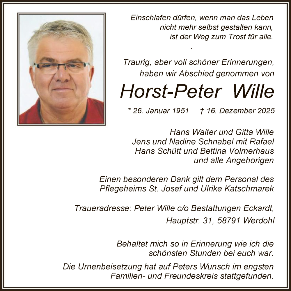  Traueranzeige für Horst-Peter Wille vom 31.01.2026 aus HALN