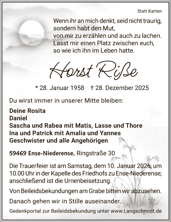 Traueranzeige von Horst Riße von HASO