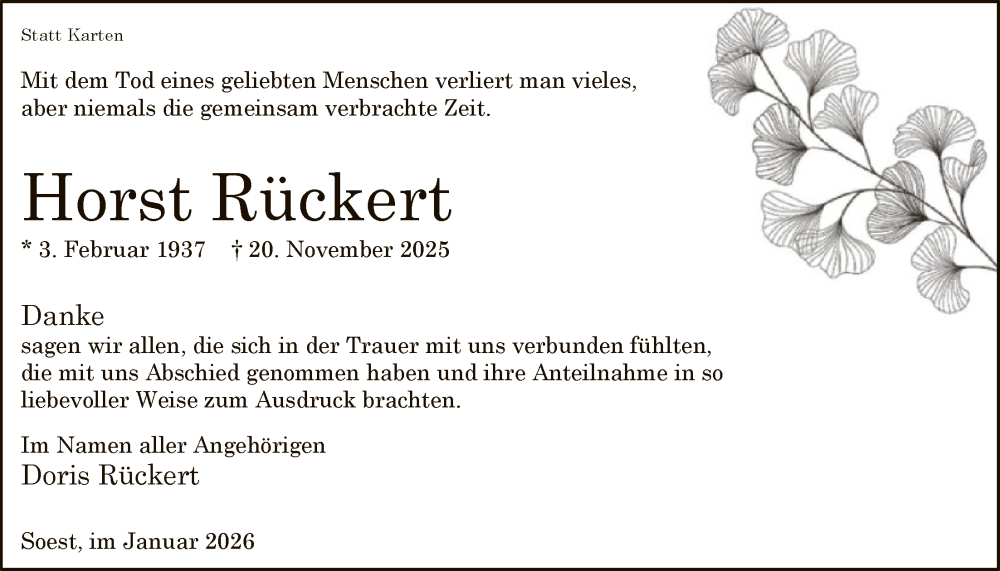  Traueranzeige für Horst Rückert vom 10.01.2026 aus HASO