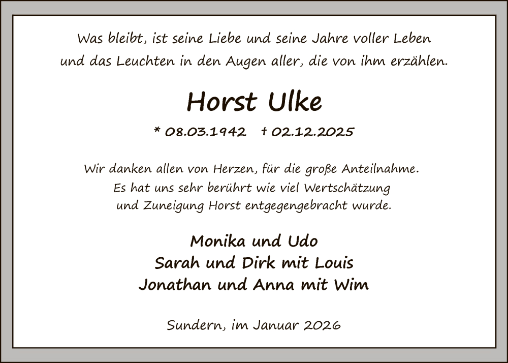  Traueranzeige für Horst Ulke vom 10.01.2026 aus HASK