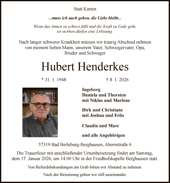 Traueranzeige von Hubert Henderkes von HASK