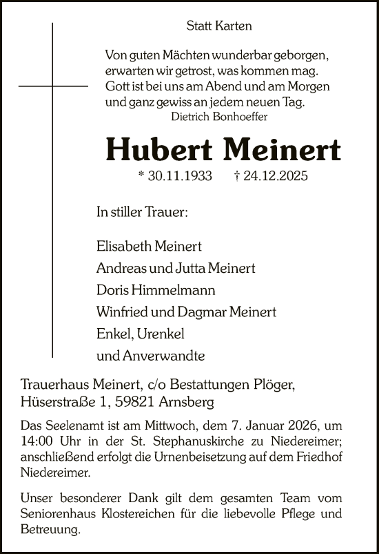 Traueranzeige von Hubert Meinert von HASK