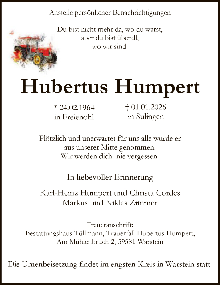  Traueranzeige für Hubertus Humpert vom 17.01.2026 aus HASK