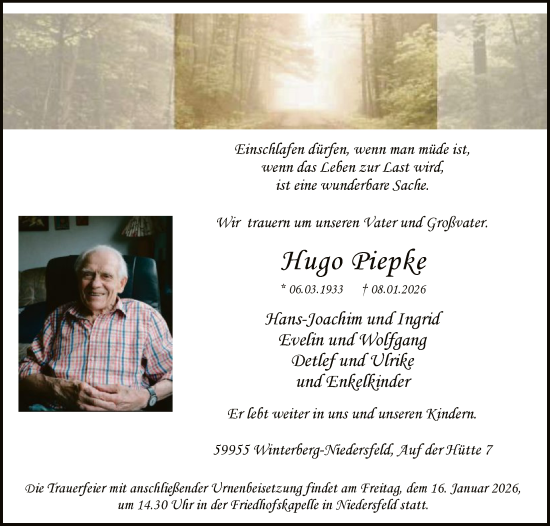 Traueranzeige von Hugo Piepke von HASK