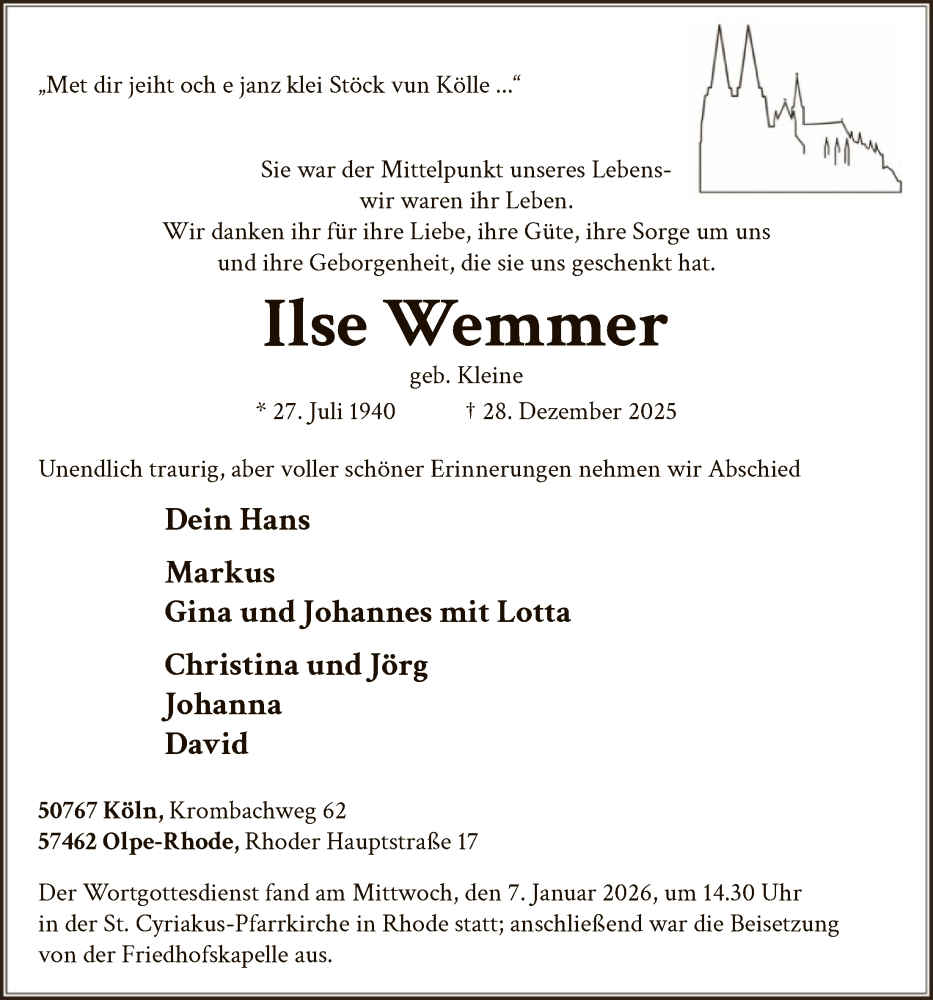  Traueranzeige für Ilse Wemmer vom 10.01.2026 aus HASK