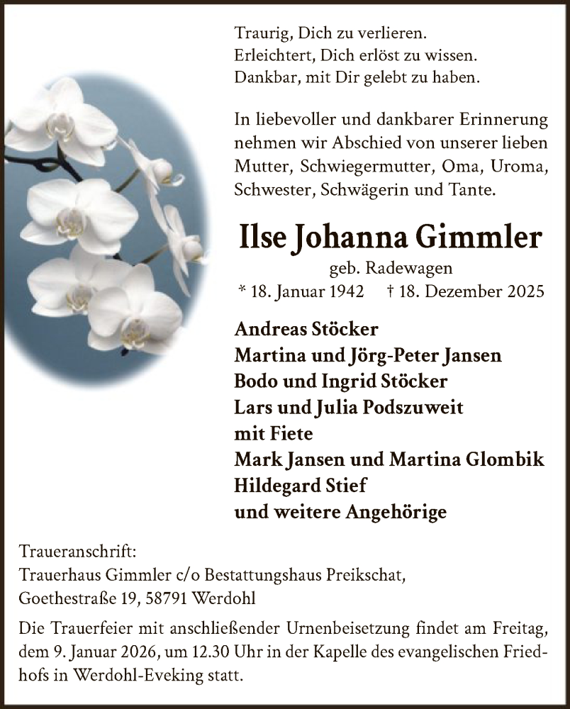 Traueranzeige für Ilse Johanna Gimmler vom 03.01.2026 aus HALN