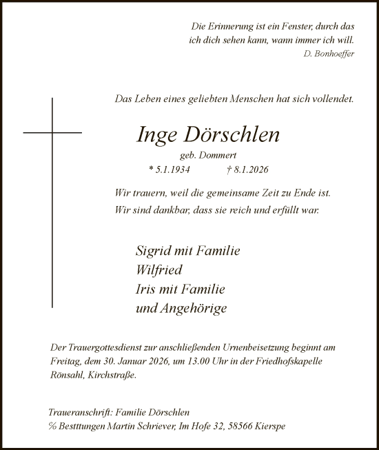 Traueranzeige von Inge Dörschlen von HALN
