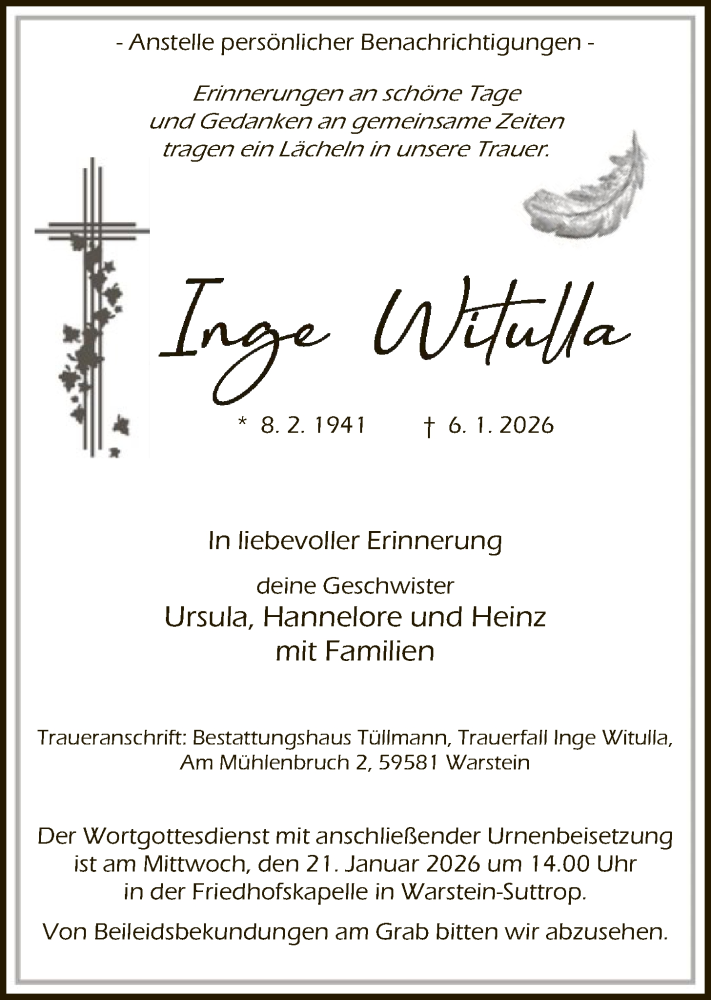  Traueranzeige für Inge Witulla vom 10.01.2026 aus HASO