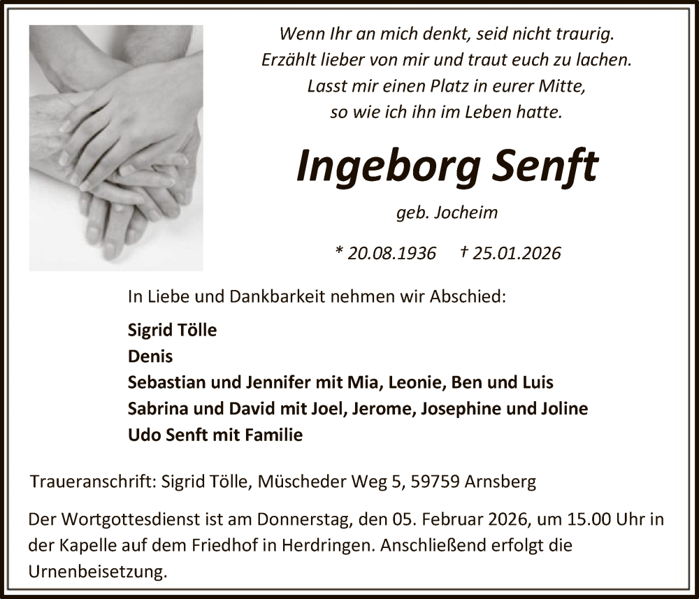  Traueranzeige für Ingeborg Senft vom 31.01.2026 aus HASK