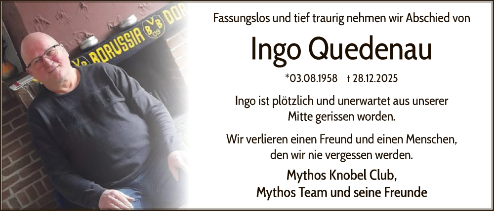  Traueranzeige für Ingo Quedenau vom 12.01.2026 aus HALN