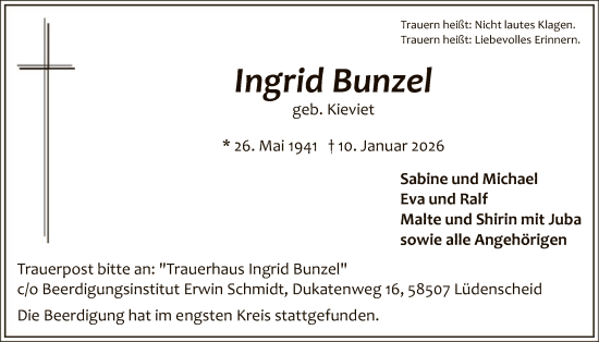 Traueranzeige von Ingrid Bunzel von HALN