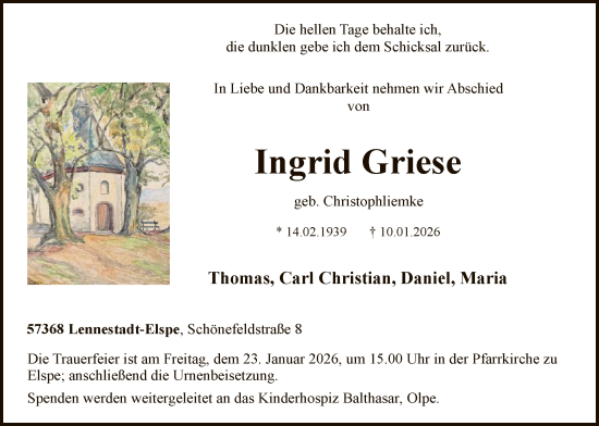 Traueranzeige von Ingrid Griese von HASK