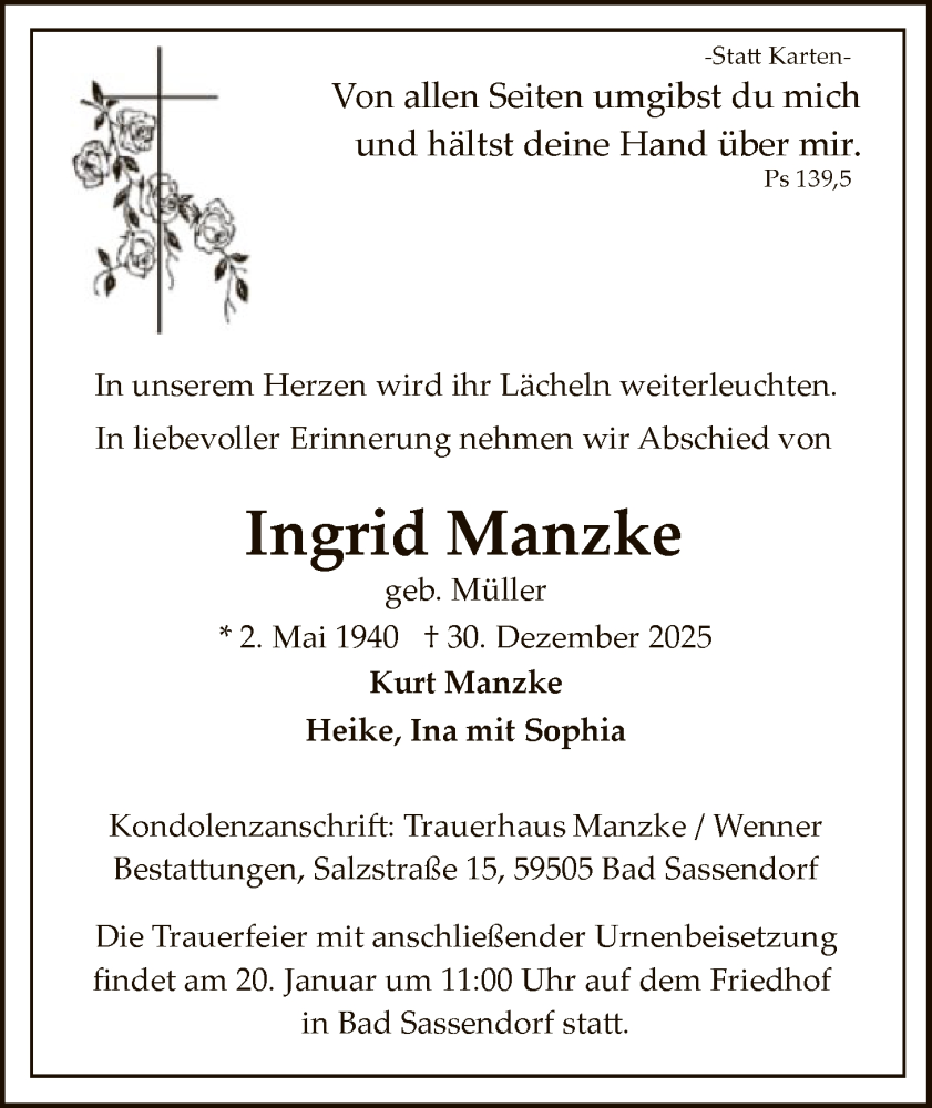  Traueranzeige für Ingrid Manzke vom 10.01.2026 aus HASO