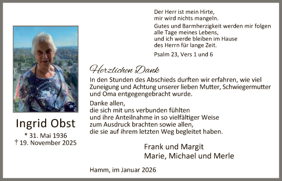 Traueranzeige von Ingrid Obst von HAWA