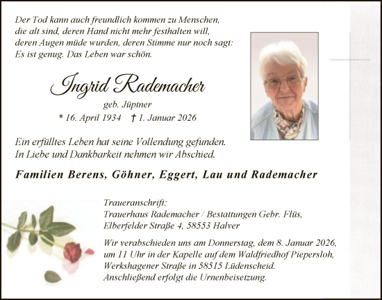 Traueranzeige von Ingrid Rademacher von HALN