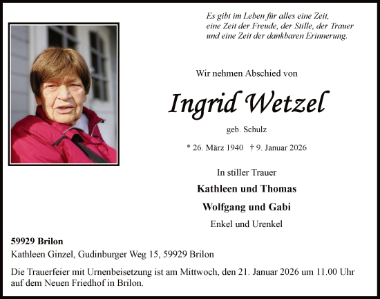 Traueranzeige von Ingrid Wetzel von HASK