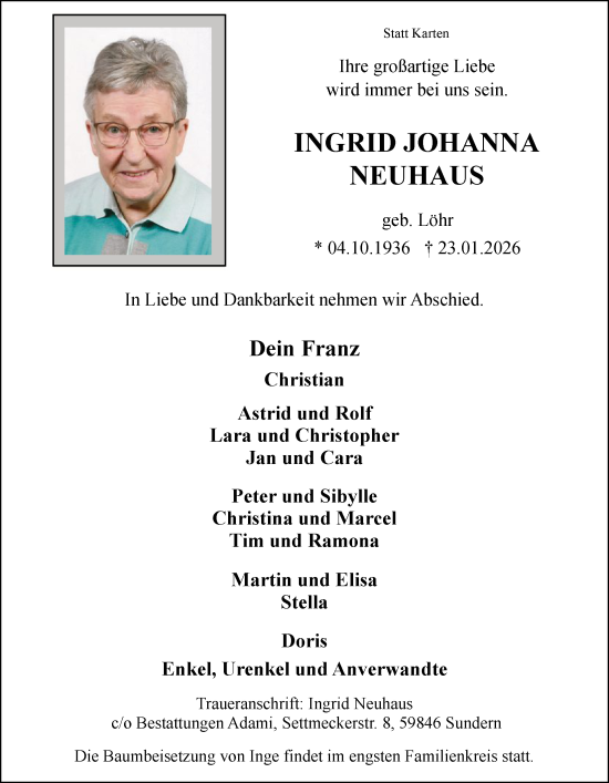 Traueranzeige von Ingrid Johanna Neuhaus von HASK