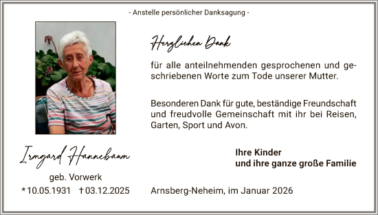 Traueranzeige von Irmgard Hannebaum von HASK