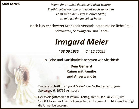 Traueranzeige von Irmgard Meier von HASK