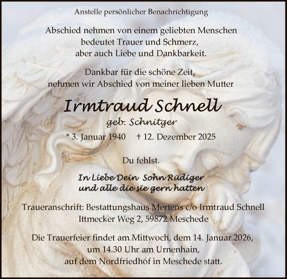  Traueranzeige für Irmgard Schnell vom 10.01.2026 aus HASK