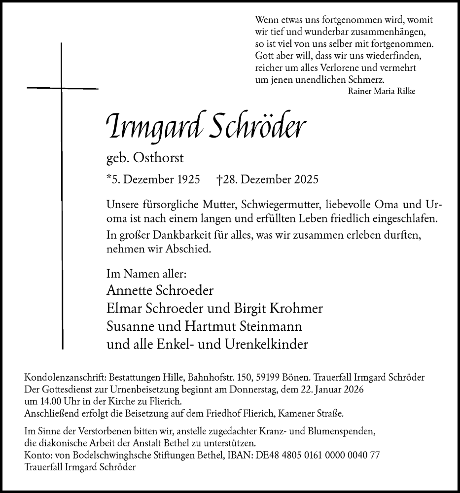  Traueranzeige für Irmgard Schröder vom 07.01.2026 aus HAWA
