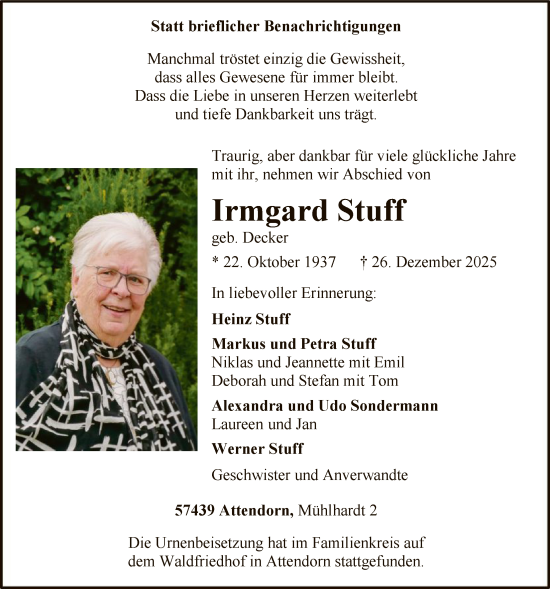Traueranzeige von Irmgard Stuff von HASK