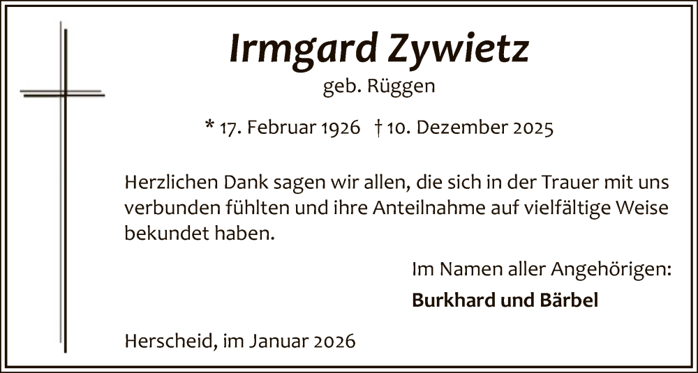  Traueranzeige für Irmgard Zywietz vom 10.01.2026 aus HALN