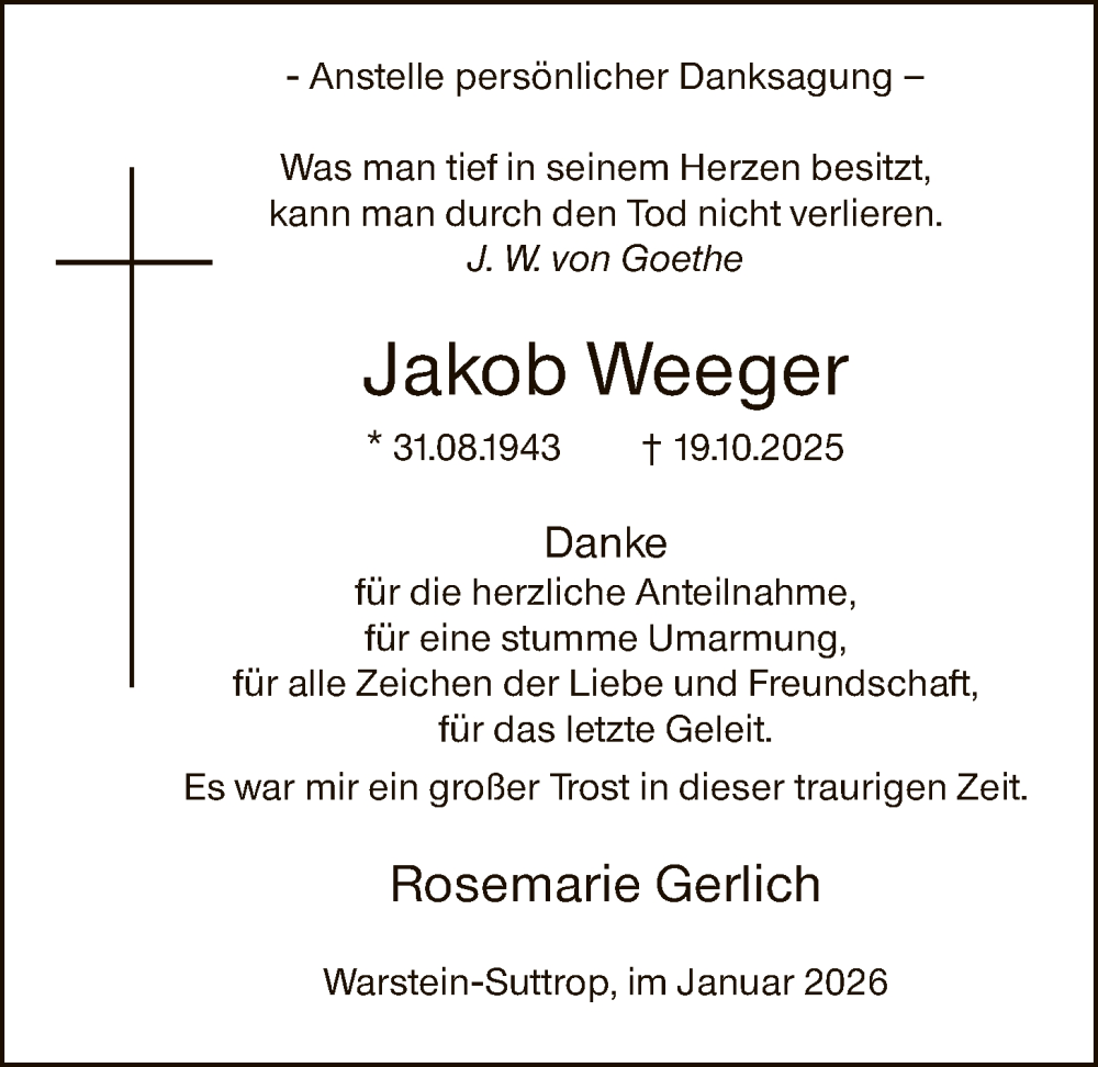  Traueranzeige für Jakob Weeger vom 19.01.2026 aus HASO