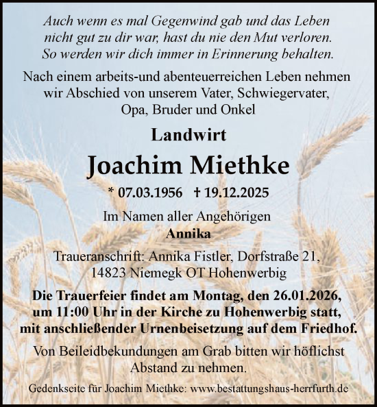 Traueranzeige von Joachim Miethke von HASO