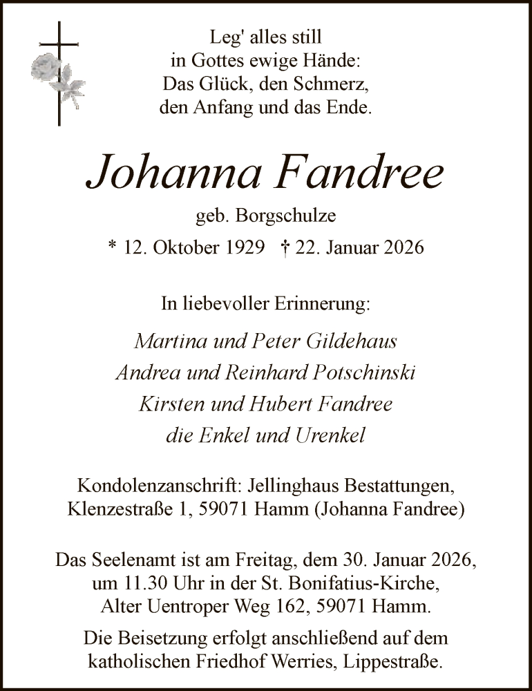  Traueranzeige für Johanna Fandree vom 27.01.2026 aus HAWA