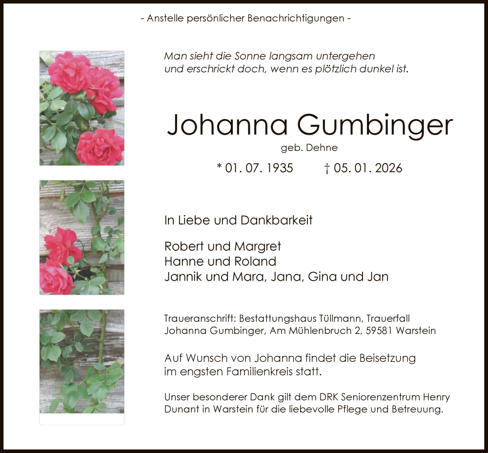  Traueranzeige für Johanna Gumbinger vom 10.01.2026 aus HASO